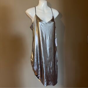 Ronny Kobo NWT Mila Tulip Asymmetrical Ruched Silver Metallic slip dress